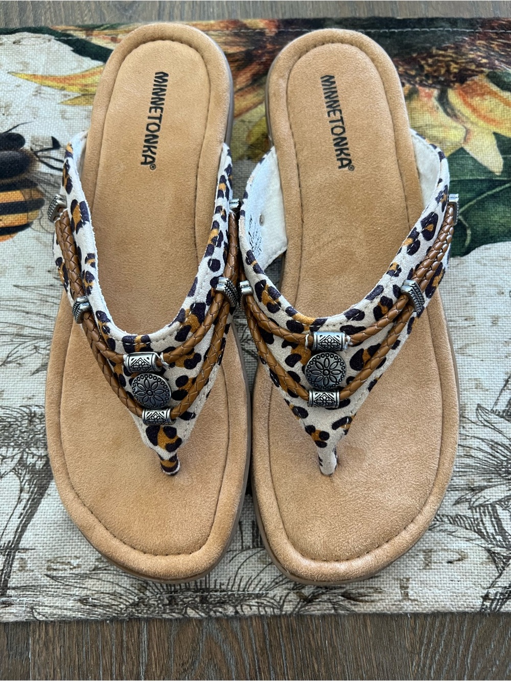 Minnetonka Leopard Print Braided Thong Sandals - Tan and Brown